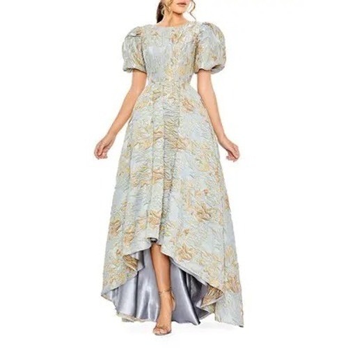 Mac Duggal 11608 Blue Gold Metallic Floral Brocade Puff Sleeve High Low Gown Sz6